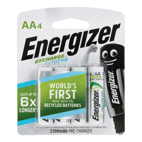 Energizer rechargeable batteries packaging with two batteries and a charger on a white background