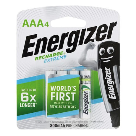 Energizer AAA rechargeable batteries packaging with a cartoon character.