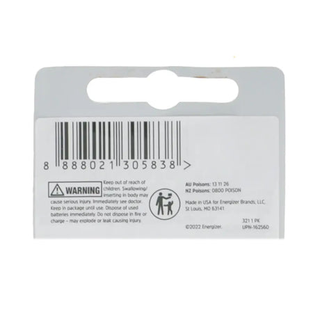 Back of a battery packaging with barcode and warning label on a white background