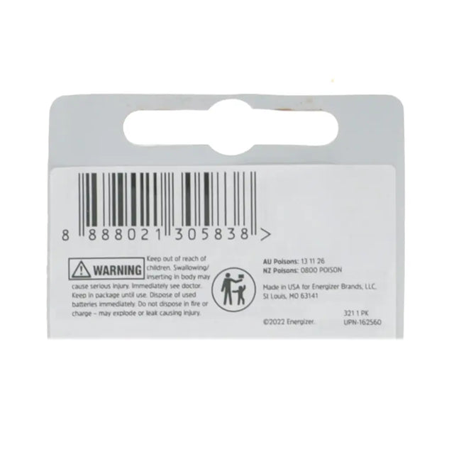 Back of a battery packaging with barcode and warning label on a white background