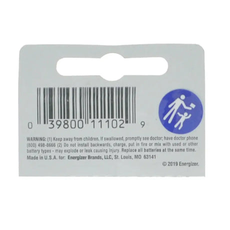 Back of a battery packaging with barcode and warning label, featuring the Energizer brand.