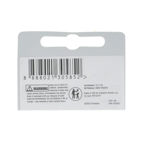 Back of a battery packaging with barcode and warning label on a white background