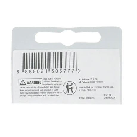 Back of a battery packaging with barcode and warning label on a white background