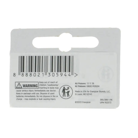 Back of a battery packaging with barcode and warning label on a white background