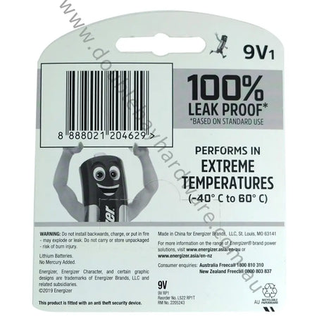 9V battery packaging with energizer logo and temperature resistance claim on a white background