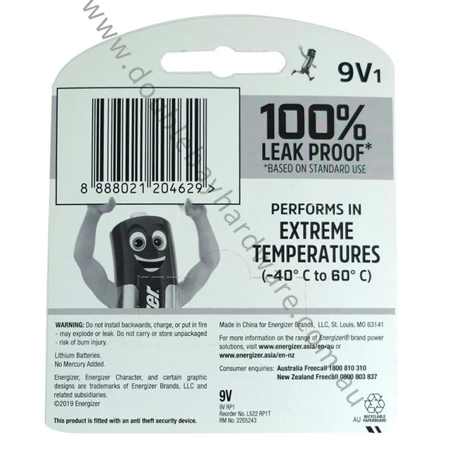 9V battery packaging with energizer logo and temperature resistance claim on a white background