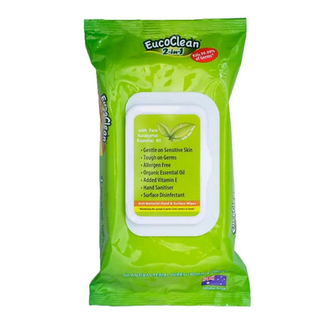 Green package of Eucoclean wipes on a white background