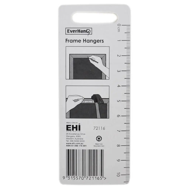 Packaging of EverHang frame hangers with illustrations and measurements on a white background