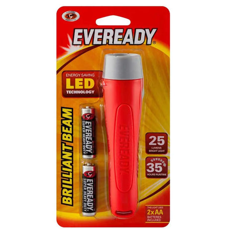 Red flashlight with Eveready branding on a white background