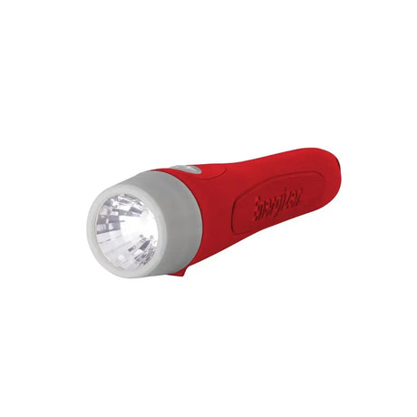 Red flashlight with a white light on a white background