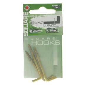 Packaged square hooks with specifications on a white background