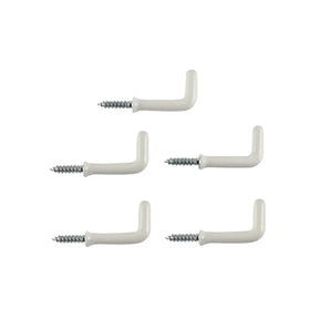 Five white metal hooks with screws on a white background
