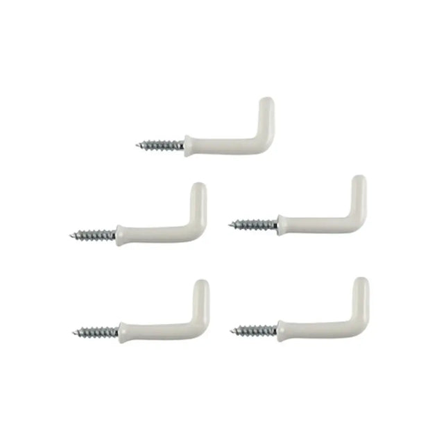 Five white metal hooks with screws on a white background