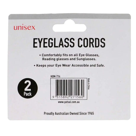 Packaging for eyeglass cords with branding and product details.