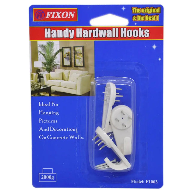 Packaging of Fixon Handy Hardwall Hooks with a living room background