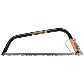Bow saw with black handle and orange accents on a white background