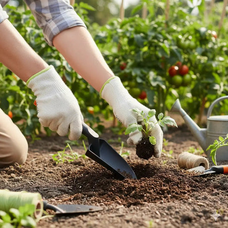 Person planting a small plant in garden soil with gardening trowel nearby.