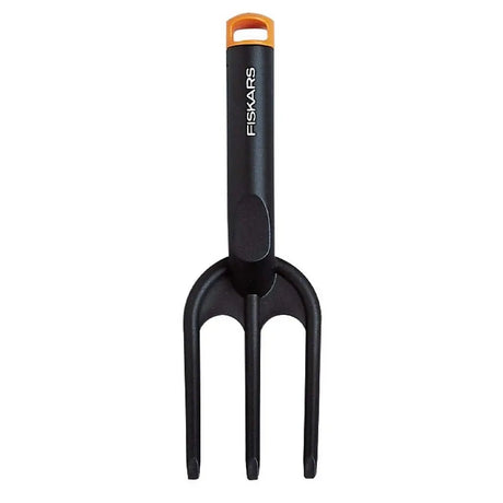 Black gardening fork with orange handle on a white background
