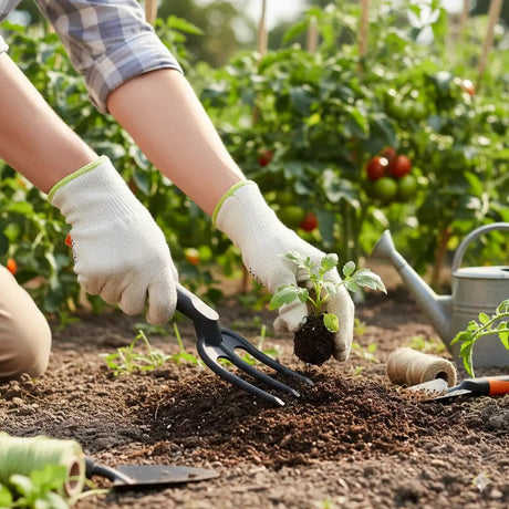 Person planting a small plant in soil with gardening fork in a garden setting.
