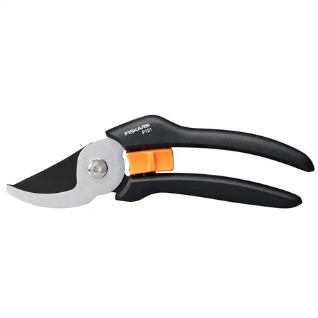 Gardening pruner with black handle and orange clip on a white background