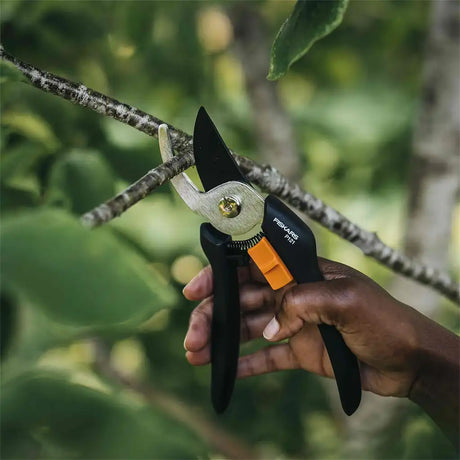 Hand holding a pair of Fiskars pruning shears against a blurred natural background
