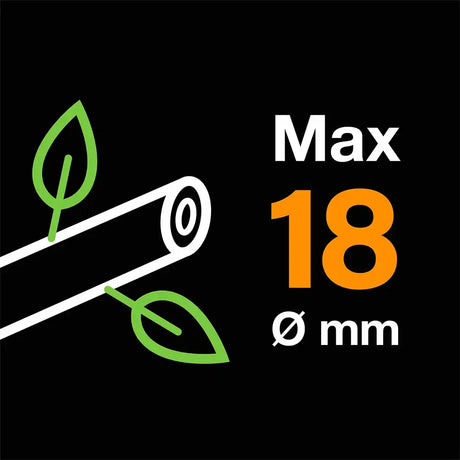 Icon with a leaf, roll of paper, and text 'Max 18 mm' on a black background