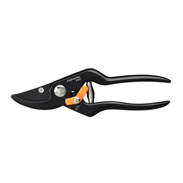 Gardening pruner with black handle and orange clip on a white background