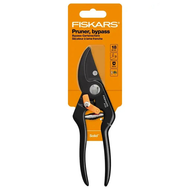 Fiskars bypass pruner on an orange packaging background