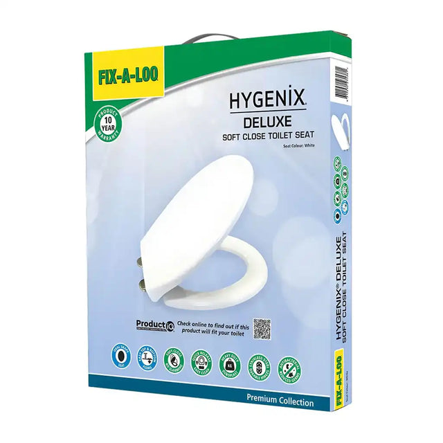 Box of Hygenix Deluxe soft close toilet seat with Fix-a-Loo branding.