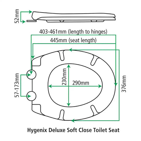 Technical drawing of Hygenix Deluxe Soft Close Toilet Seat with dimensions.