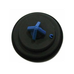 Black rubber gasket with blue plastic component on a white background