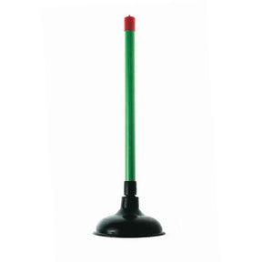 A classic plumbing sink plunger with a long green handle, a black rubber suction cup base, and a red plastic tip at the top, shown against a plain white background.
