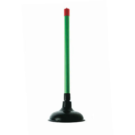 A classic plumbing sink plunger with a long green handle, a black rubber suction cup base, and a red plastic tip at the top, shown against a plain white background.
