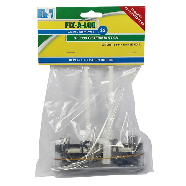 Packaged Fix-A-Loo TB 3000 cistern button with clear plastic cover on a white background
