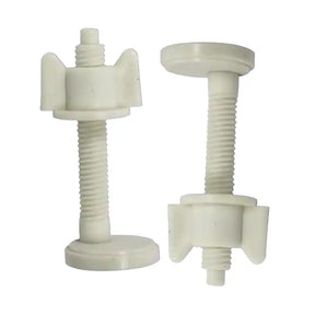 Two white plastic screws on a white background