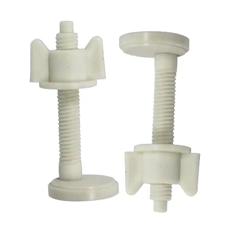 Two white plastic screws on a white background