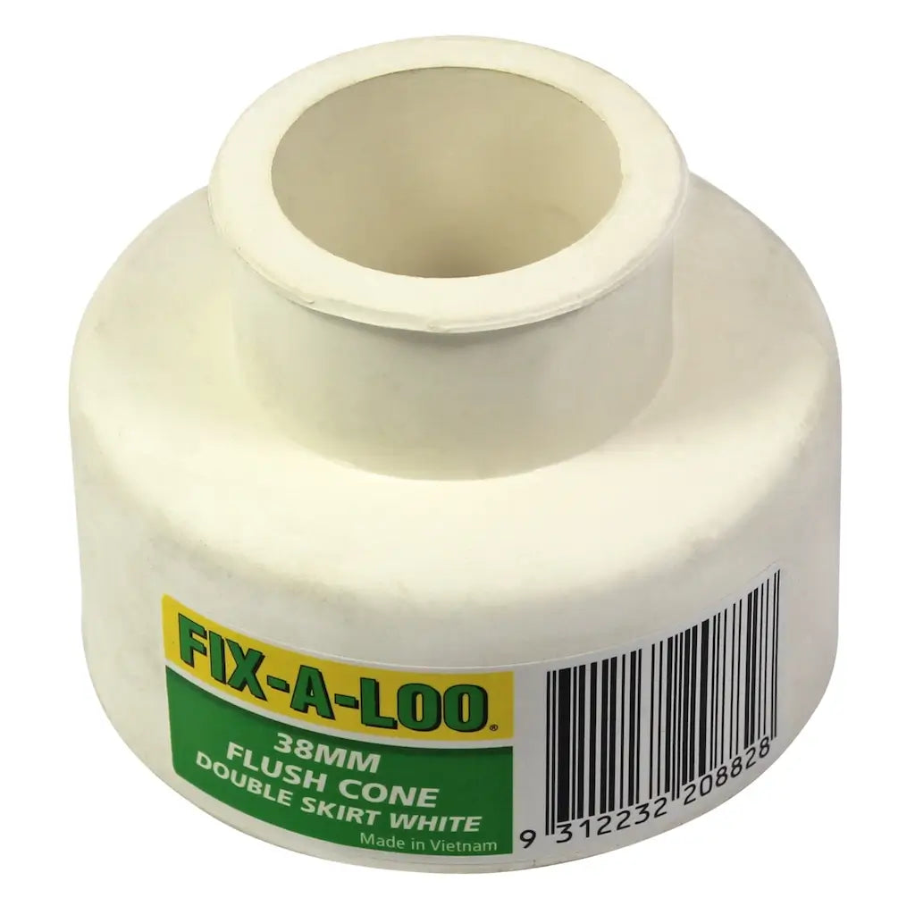 White plumbing fitting with 'FIX-A-LOO' label and barcode on a white background