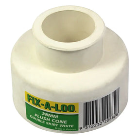 White plumbing fitting with 'FIX-A-LOO' label and barcode on a white background