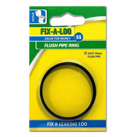 Packaged Flush Pipe Ring with Fix-A-Loo branding on a yellow background