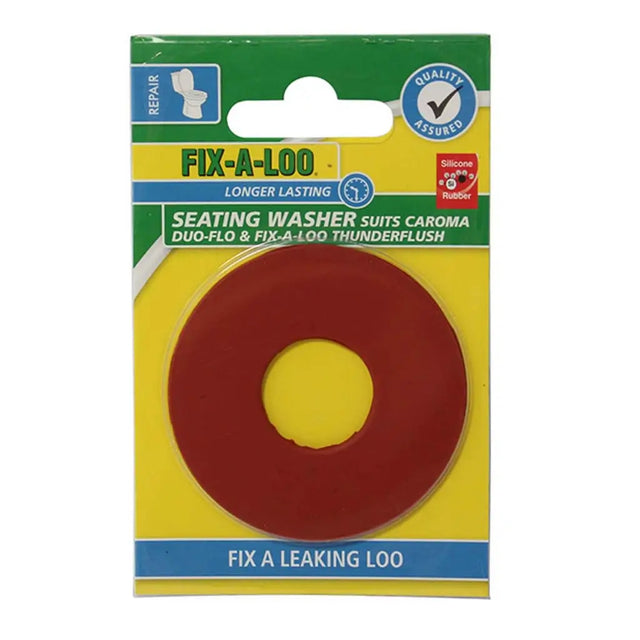 Packaged Fix-A-Loo seating washer with red and yellow design on a white background