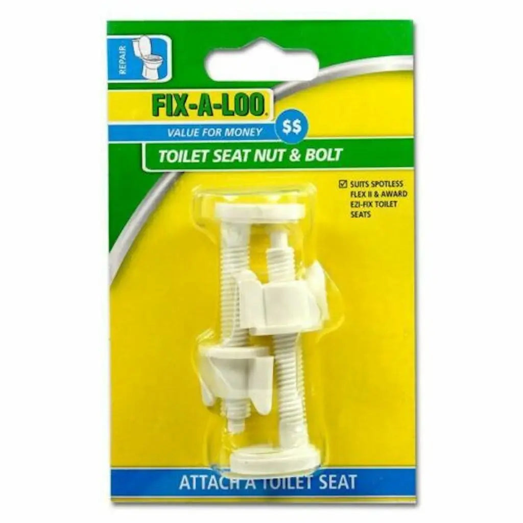 Fix-A-Loo toilet seat nut and bolt packaging on a white background