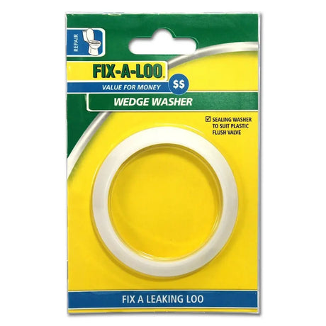 Packaged wedge washer for fixing a leaking loo with Fix-A-Loo branding.