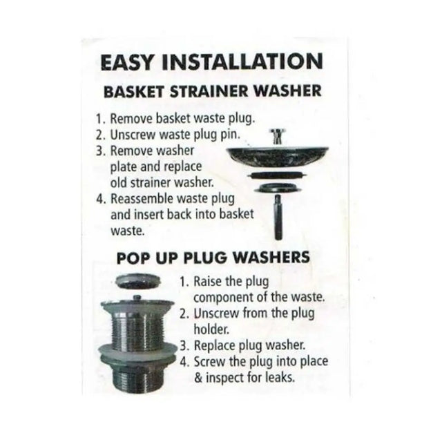 Instructions for installing a basket strainer washer and pop-up plug washer on a white background.