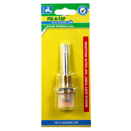 Packaged FIX-A-TAP basin spindle repair kit with yellow background