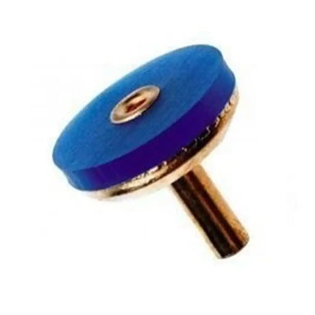 Blue and gold valve stem cap on a white background