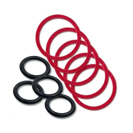 Set of red and black O-rings on a white background