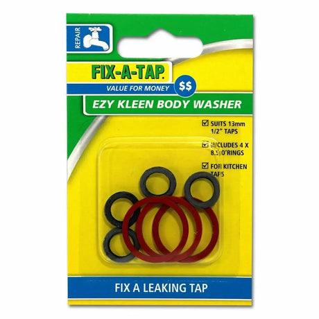 Packaging of Fix-A-Tap Ezy Kleen Body Washer with washers inside on a white background