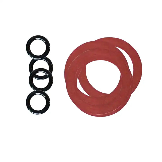 Set of black o-rings and red gaskets on a white background