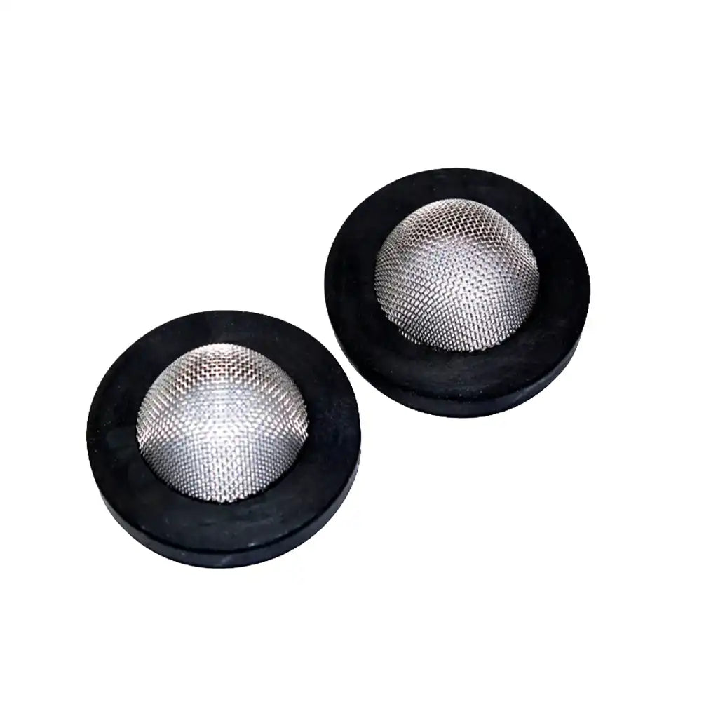 Two metallic mesh filters with black rubber bases on a white background