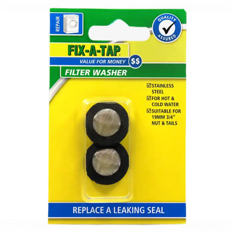 Packaging of Fix-A-Tap filter washers with yellow background